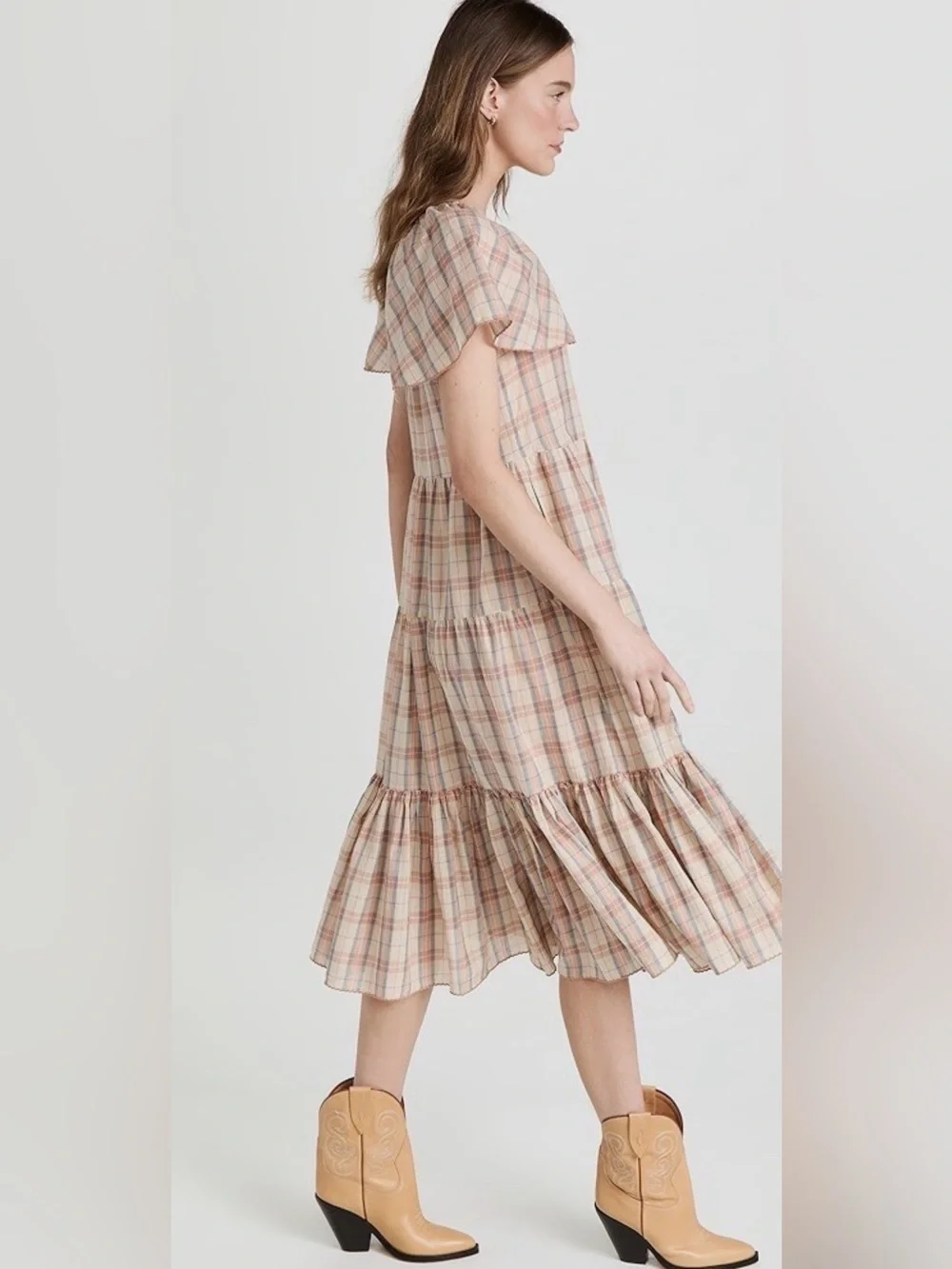 The Great. The Iris Dress Washed Rose Plaid Cotton Linen Tiered Midi Size Sz 1/S